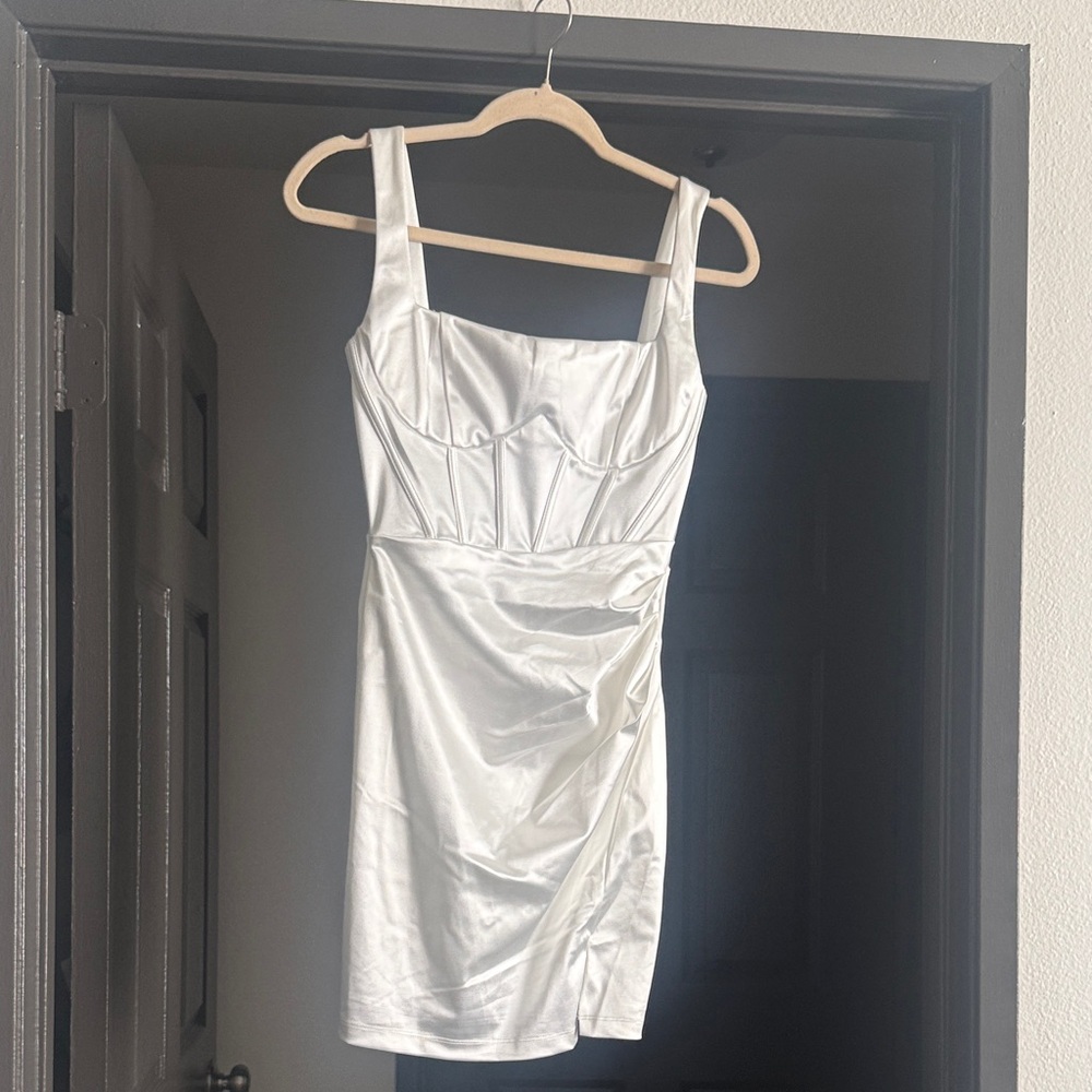 Satin Square-Neck White Mini Dress
